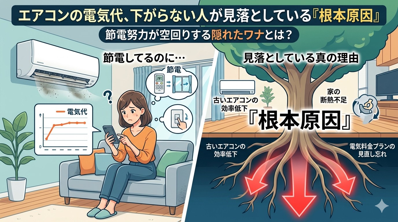 「エアコンの電気代の目安と節電方法を解説するイメージ」